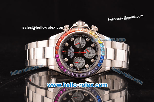 Rolex Daytona Chronograph Miyota OS20 Quartz Steel Case/Strap with Colorful Diamond Bezel and Black Dial - Click Image to Close